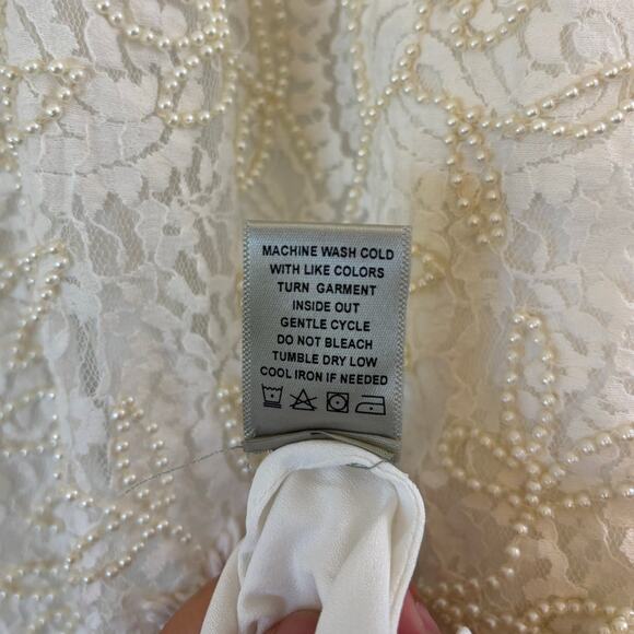 John Mark Lace Pearl Beaded Embroidered Ruffle Collar Top XLarge Cream Coastal - Picture 6 of 9